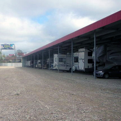 Countryside Trailer Sales' storage facility with several campers parked into open storage slots