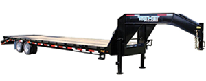 A Load Trail flatbed trailer on a blank background
